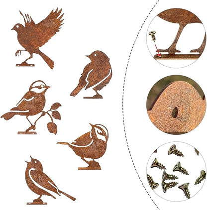 5PCS Rusty Metal Birds Decorations, Garden Yard Art Outdoor Ornaments, Bird Silhouette Statues for Fence Trees, Rustic Cardinal Gifts Spring Decorations (Style A)