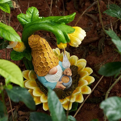 RM ROOMERS Gnome Fall Decor Garden Solar Gnomes Decoration for Yard Autumn Decor Resin Sunflower Gnome Statue with LED Lights for Patio Honey Drip Home Gifts for Women Housewarming