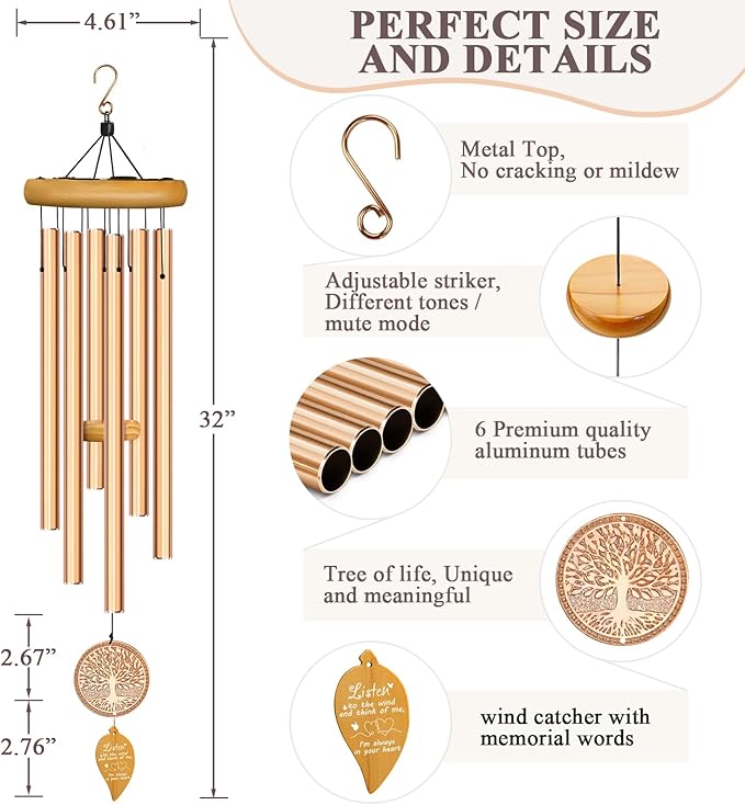 Memorial Wind Chimes for Loss of Loved One, Sympathy Wind Chimes with Tree of Life, Remembrance in Memory of Mom Dad, Bereavement and Condolence Memorial Gifts(Rose Gold)