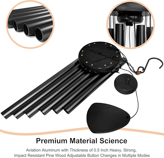 Bursvik Large Aluminium Wind Chimes 37 Inches to Create a Zen Atmosphere Suitable for Outdoor, Garden, Patio Decoration. Classic Wind Chimes with Wind Catcher as a Gift for Unisex(Whole Black)
