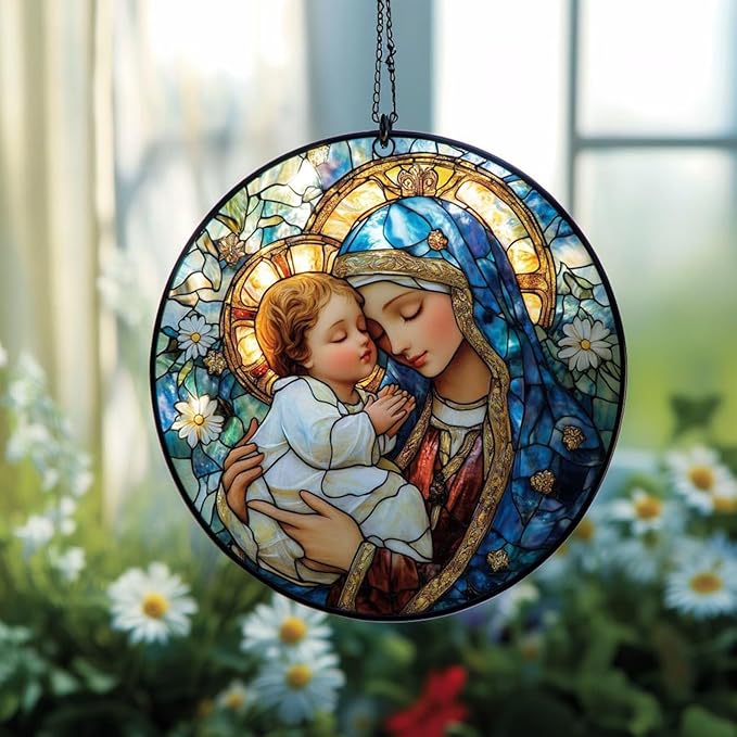 Virgin Mary Ornament Catholic Sun Catcher Religious Window Hanging Nativity Christmas Christian Keepsake Faith-Based Décor Gift Catchers for Windows Acrylic Decorations Outdoor Decor