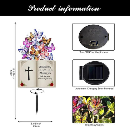Solar Bible Cross Memorial Stake - Metal Silhouette Religious Grave Decoration for Cemetery - Flat Christian Cross Stake with Butterfly Lights - Cemetery Flower Decor for Grave, Sympathy Gift