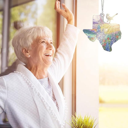FLAGWIX Texas Gifts for Women Men - Stained Glass Window Hanging 8in - Mockingbird Bluebonnet Suncatchers for Windows Hanging, Texas Themed Gifts for Friends, House Warming Gift Ideas