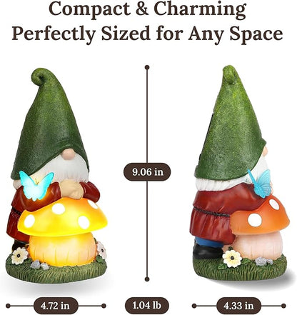 MXwcy Solar Garden Gnomes Statues, 9.06" Resin Gnomes Mushroom Butterfly Garden Decor, Solar Lights Outdoor Waterproof LED Gnomes Decorations for Yard Patio Lawn, Gnome Gifts for Women Mom Grandma
