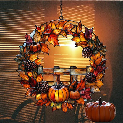 Fall Floral Wreath Acrylic Suncatcher Stained Glass Effect Window Car Hanging Christmas Ornament Indoor Outdoor Decor Garden Sun Catcher Panel for Acrylic Suncatcher Lover for Women Mom Grandma