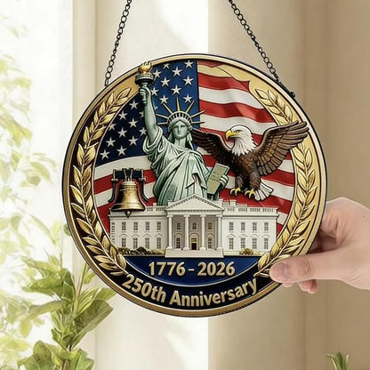 250th Anniversary America Round Ornament,1776-2026 Years with Freedom USA Flag Designs Patriotic Acrylic Stained Glass for Garden Decor Independence Day Sun Catcher for Home Supplies