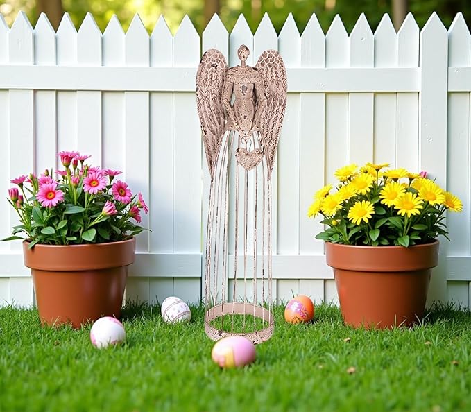 K KILIPES 32" H Metal Angel Garden Statue, Antique Angel Statue Sculpture Lawn Ornament Spring Outdoor Patio Yard Decoration