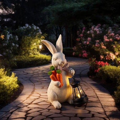 Retisee Solar Easter Garden Statue Resin Garden Bunny Statue with Carrots LED Lights Outdoor Bunny Solar Light Figurine Decoration for Yard Patio Lawn Gift for Easter Spring Holiday Outdoor Decor