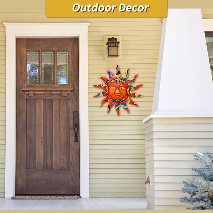 VEWOGARDEN Metal Sun Wall Art Decor Hanging for Indoor Outdoor Home Garden 13" Colorful Sun Face Sculptures & Statues Orange