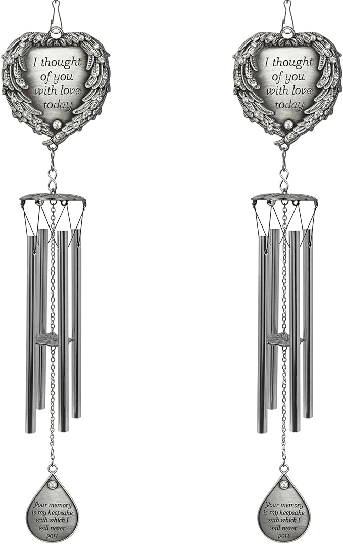 Sympathy Memorial Windchimes - Engraved I Thought of You with Love Today - Angel Wings Wrapped Around a Heart and Teardrop Charm - in Loving Memory Chimes - 15" L - 2 Pack