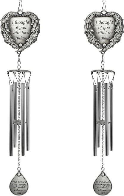 Sympathy Memorial Windchimes - Engraved I Thought of You with Love Today - Angel Wings Wrapped Around a Heart and Teardrop Charm - in Loving Memory Chimes - 15" L - 2 Pack