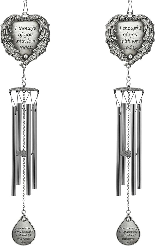 Sympathy Memorial Windchimes - Engraved I Thought of You with Love Today - Angel Wings Wrapped Around a Heart and Teardrop Charm - in Loving Memory Chimes - 15" L - 2 Pack