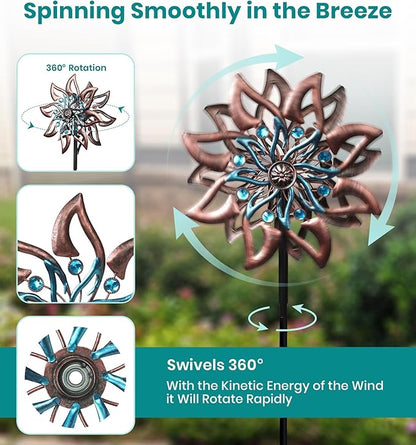 360° Garden Wind Spinner for Outdoor Yard Art – W13xH64 Kinetic Windmill for Garden, Lawn, and Patio – Dahlia-Inspired Copper and Teal Wind Spinners Outdoor Decorative Yard Art