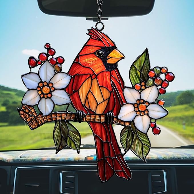 Red Cardinal Acrylic Suncatcher Stained Glass Effect Window Car Hanging Christmas Ornament Indoor Outdoor Decor Garden Sun Catcher Panel for Cardinal Lover for Women Mom Grandma