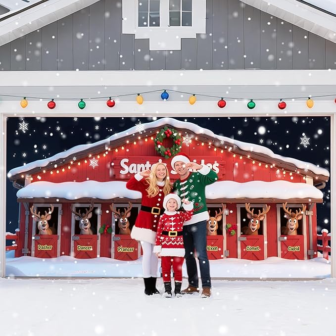 Christmas Decorations Garage Door Cover, 16 x 7 ft Santa's Stables Xmas Garage Door Banner Covering Mural Backdrop Background, Holiday Party Wall Decor Indoor Outdoor