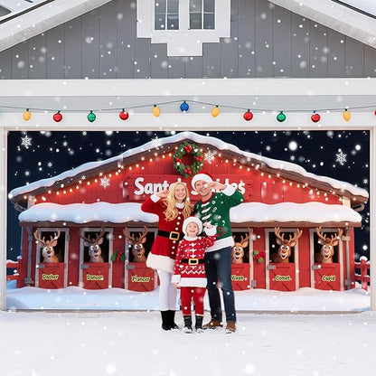 Christmas Decorations Garage Door Cover, 16 x 7 ft Santa's Stables Xmas Garage Door Banner Covering Mural Backdrop Background, Holiday Party Wall Decor Indoor Outdoor