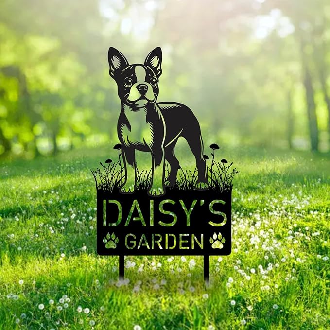 Custom Boston Terrier Dog Metal Memorial Garden Stake Personalized Pet Grave Marker Name Sign Remembrance Stake Decor Sympathy Dog Loss,Outdoor Statues for Yard Garden Lawn Patio Pathway Grave Gift.
