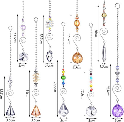 Hicarer 9 Pcs Crystal Suncatchers Hanging Catchers with Chain Colorful Glass Pendant Beads Chandelier Prism Ornament for Window Home Wall Cars Decor Wedding Birthday Anniversary Party Gifts