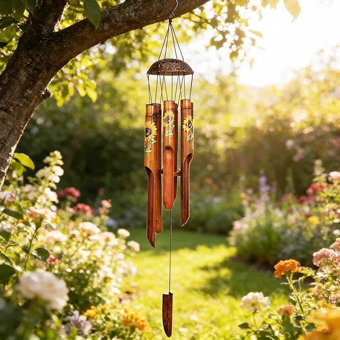Afirst Bamboo Wind Chimes, 38" Sunflower Wooden Windchimes with Coconut Crown Valentine's Day Gift Handcrafted Memorial Sympathy Gift for Garden, Patio, Home or Outdoor Decor