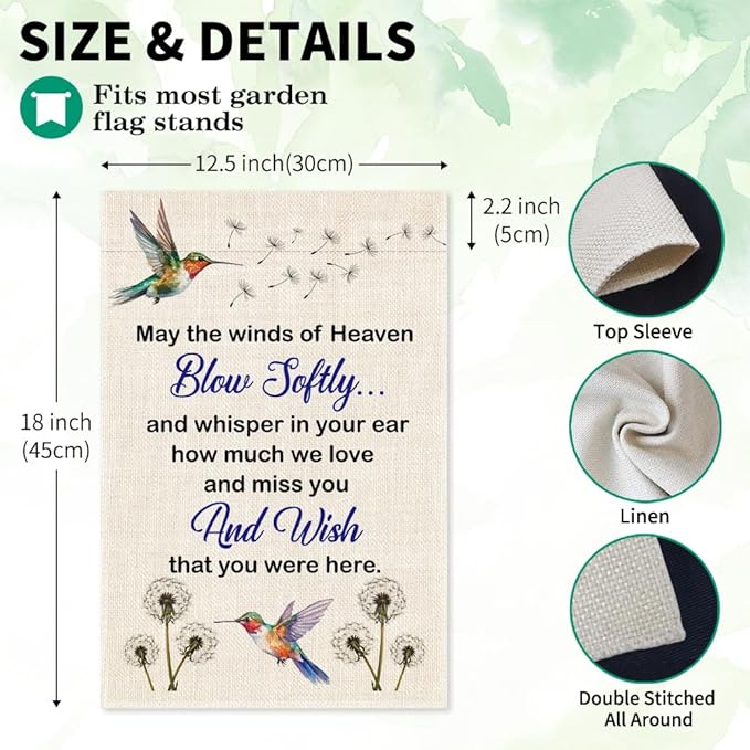 May The Winds Of Heaven Blow Solftly Garden Flag, Double Sided Farmhouse Outdoor Decor Yard Flag Gifts, Hummingbird Dandelion Memorial Garden Décor Gifts, Remembrance Sympathy House Flags