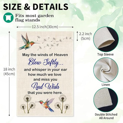 May The Winds Of Heaven Blow Solftly Garden Flag, Double Sided Farmhouse Outdoor Decor Yard Flag Gifts, Hummingbird Dandelion Memorial Garden Décor Gifts, Remembrance Sympathy House Flags