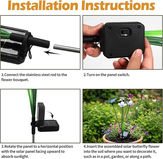 Hoikwo Solar Garden Lights 4 Pack, Swaying Butterfly Flower Stakes Outdoor, Lifelike Butterflies and Flowers with 6 LED Warm Lights, Solar Lights Decor for Yard, Patio, Garden, Pathway