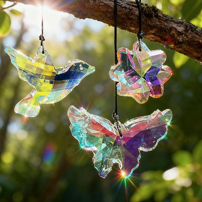 SNAIL GARDEN 3PCS Crystal Prism Suncatcher - Butterfly, Bird & Lucky Four-Leaf Clover, 1.69-3.35in Sun Catcher Crystals, Hanging Crystals for Windows, Patio, Yard, Home Garden
