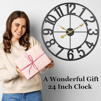 Large Outdoor Clock, 24 Inch Silent Non-Ticking Battery Operated Outdoor Wall Clock, Black Modern Metal Wall Clock for Patio, Porch, Pool Area, Kitchen, Bedroom, Living Room, Farmhouse Decor