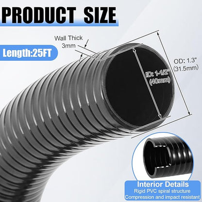 1.5" Dia Pond Pump Tubing, 25 ft x 1-1/2" Non Kink Flexible PVC Pipe, for Irrigation Koi Ponds Waterfall, Gardens Hose, Schedule 40 Reinforced Vinyl, UV Crush Resistant, Black
