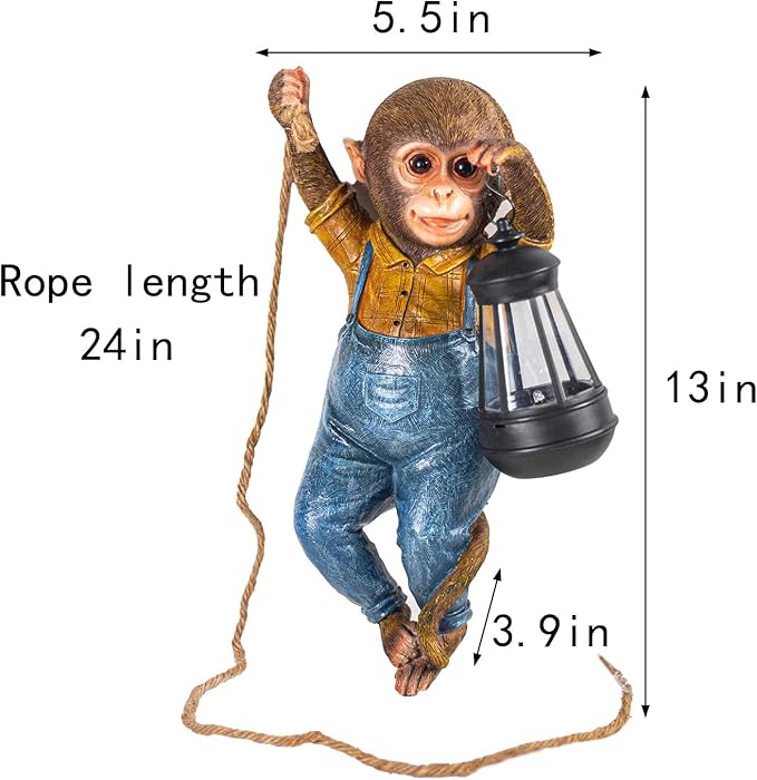 Outdoor Monkey Sculpture Hanging Monkey Garden Statue with Solar Lantern, 13 x 5.5 x 3.93 inches, Decorative Resin Outdoor Sculpture