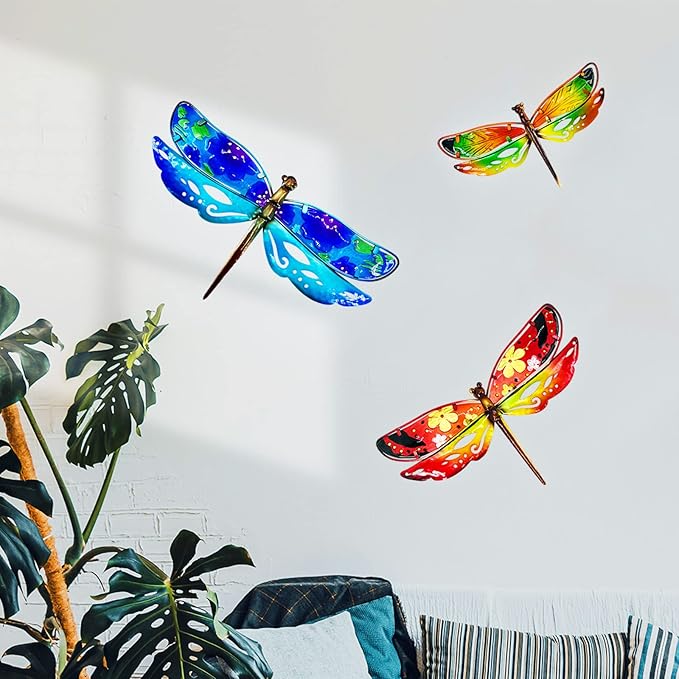John's Studio Dragonfly Wall Decor Outdoor Metal Garden Hanging Art Glass Sculptures Home Insect Theme Decorations for Living Room, Bedroom Yard, Fence and Patio - 3 PCS
