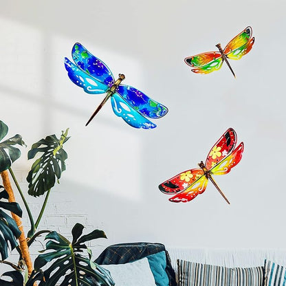 John's Studio Dragonfly Wall Decor Outdoor Metal Garden Hanging Art Glass Sculptures Home Insect Theme Decorations for Living Room, Bedroom Yard, Fence and Patio - 3 PCS