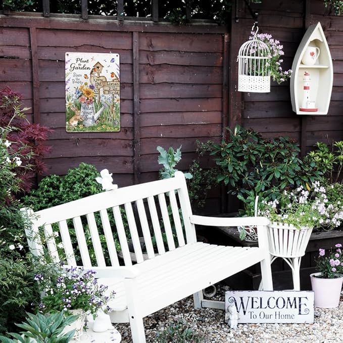 Garden Metal Decor Signs-Plant A Garden,Share the Bounty, Listen to the Birds, Water Your Soul Metal Sign for Gardeners Plant Lovers 12"x8"