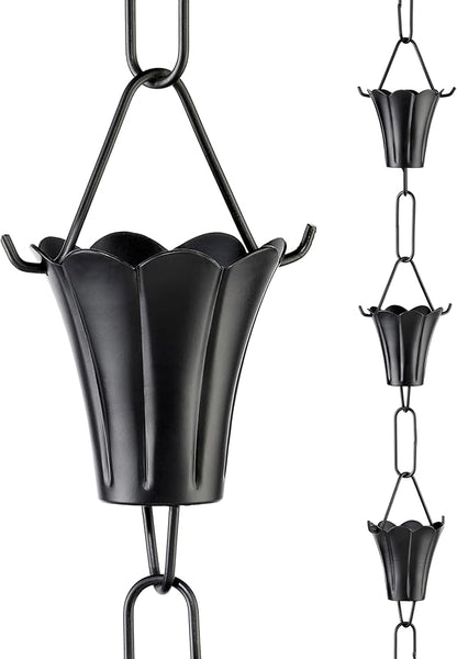 Fluted Flower Black Aluminum 8.5 ft. Rain Chain with Gutter Installation Clip by Good Directions
