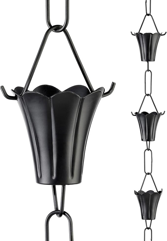 Fluted Flower Black Aluminum 8.5 ft. Rain Chain with Gutter Installation Clip by Good Directions