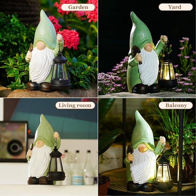 Gnome Statue with Solar Lantern - 4.92L x 9.92H Garden Figurines for Home and Garden Decor, Gnome Decorations Gift Ideas, Gifts for Women Mom