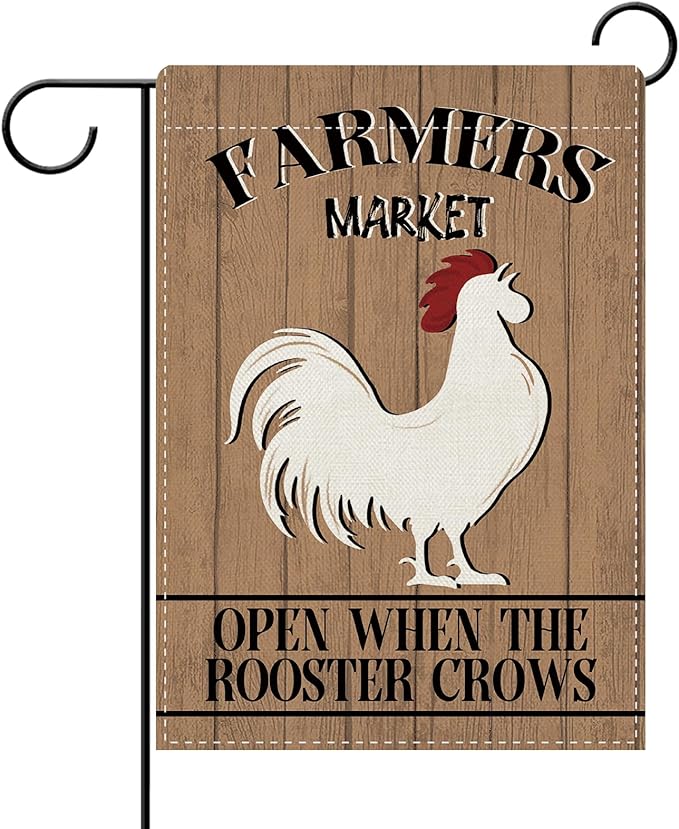 Dyrenson Farmers Market Chicken Decorative Garden Flag, Open When The Rooster Crows Farmhouse Yard Outside Home Decoration, Rustic Country Burlap Outdoor Small Decor Double Sided 12 x 18