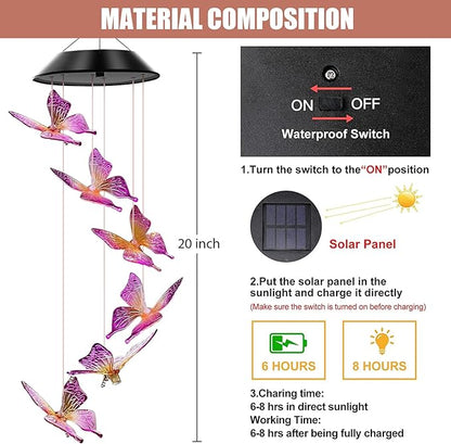 Butterfly Solar Wind Chime Light Outdoor, Best Gift for mom, Grandma, Lady, Wife, Aunt, Sister, Unique Mobile Wind Chime, Garden Yard Decoration