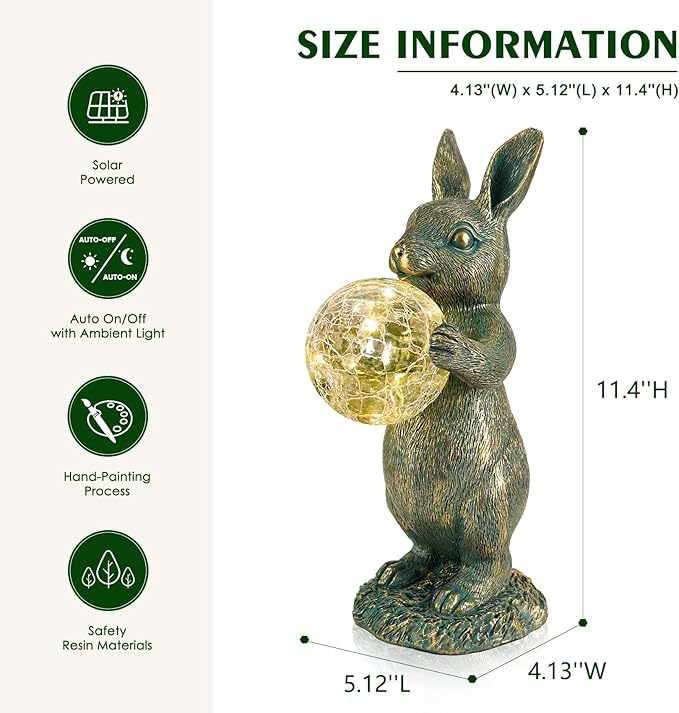 Solar Rabbit Statue with LED Lights, Outdoor Garden Decor, Bunny Figurine for Patio Yard, Lawn Ornament, Easter & Housewarming Gift