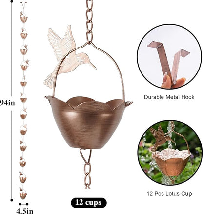 Metal Rain Chain Decoration 7.85FT., Rain Catcher Metal Chain Gutter Downspout 94'' for House Eaves, Garden & Home, Flying Bird and Flower Shape Rain Chains
