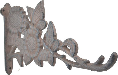 Butterflies & Sunflowers Decorative Brown Cast Iron Plant Hanger Hook 11.125" Deep Indoor or Outdoor