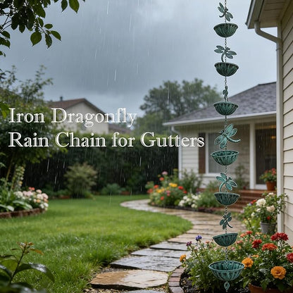 Iron Dragonfly Rain Chain for Gutters, 8.5-Feet Length, Distressed Blue