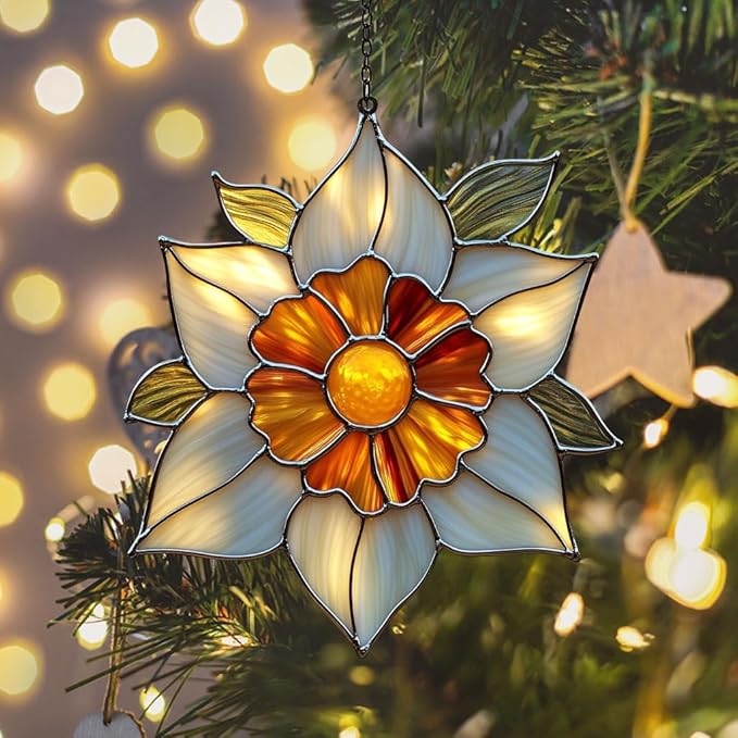 Narcissus Acrylic Suncatcher Stained Glass Effect Window Car Hanging Christmas Ornament Indoor Outdoor Decor Garden Sun Catcher Panel for Floral Lover for Women Mom Grandma