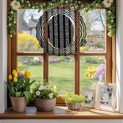 Tribal Boho Geometric Stripes Round Wind Spinner 8", 3D Stainless Steel Wind Spinners for Yard and Garden Black Indoor Outdoor Metal Hanging Craft Ornaments for Porch Lawn Home Party Decoration