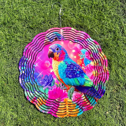 Wind Spinners Colorful Parrot Floral Art 9.8 x 9.8 Inch Metal Wind Spinner Outdoor Garden Decor Vibrant Tropical Bird Illustration Decorative Wind Spinners for Yard Patio