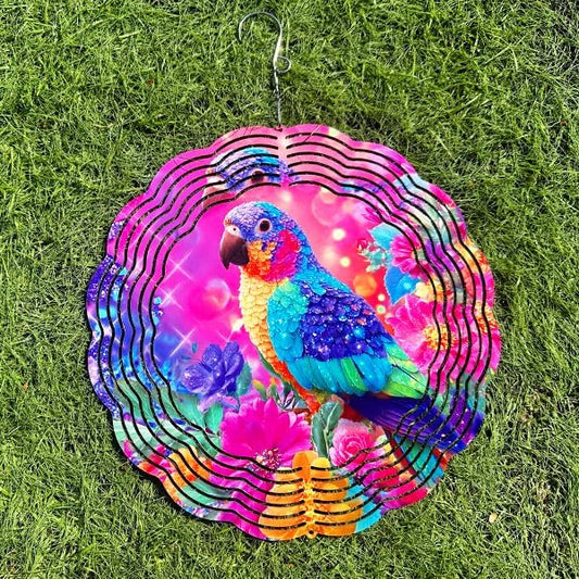 Wind Spinners Colorful Parrot Floral Art 9.8 x 9.8 Inch Metal Wind Spinner Outdoor Garden Decor Vibrant Tropical Bird Illustration Decorative Wind Spinners for Yard Patio