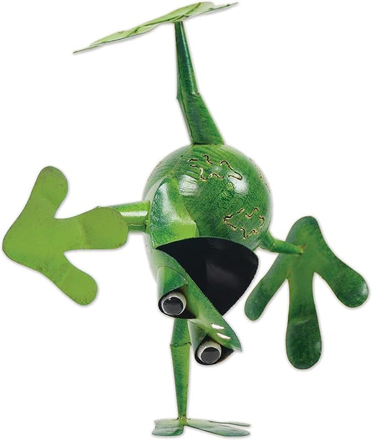 Sunset Vista Designs Outdoor Yard Decor - Green Metal Frog Garden Sculpture, 20.25" Tall, Tumbling Slippy