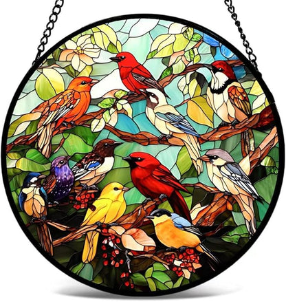 Funoasis Stained Glass Window Hanging 6.3" Suncatcher, Colorful Hummingbirds on Branch Sun Catcher, Home Wall Decor, Window Art Ornament, Birthday Gifts for Women, Mom, Grandma