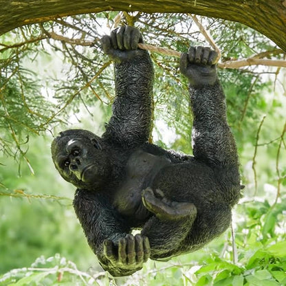 Hanging Gorilla Outdoor Decor, Resin Monkey Statue on Rope for Front Porch Patio Yard Tree Fence, Realistic Animal Garden Ornament for Outside Spaces, 26 in