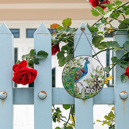 Zayookey Stained Glass Suncatchers Peacock Art Window Hangings Panel Colorful Hand Painted Suncatcher for Outdoor Garden Indoor Window Wall Decor